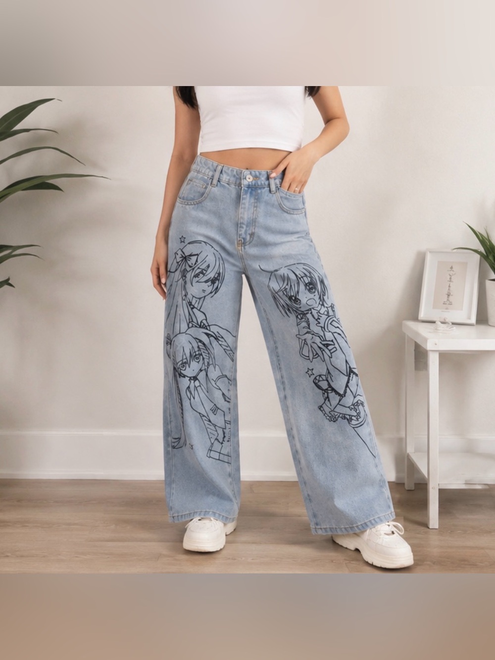 Anime Character Graphic Wide Leg Jeans Y2K Light Wash Denim XS - new